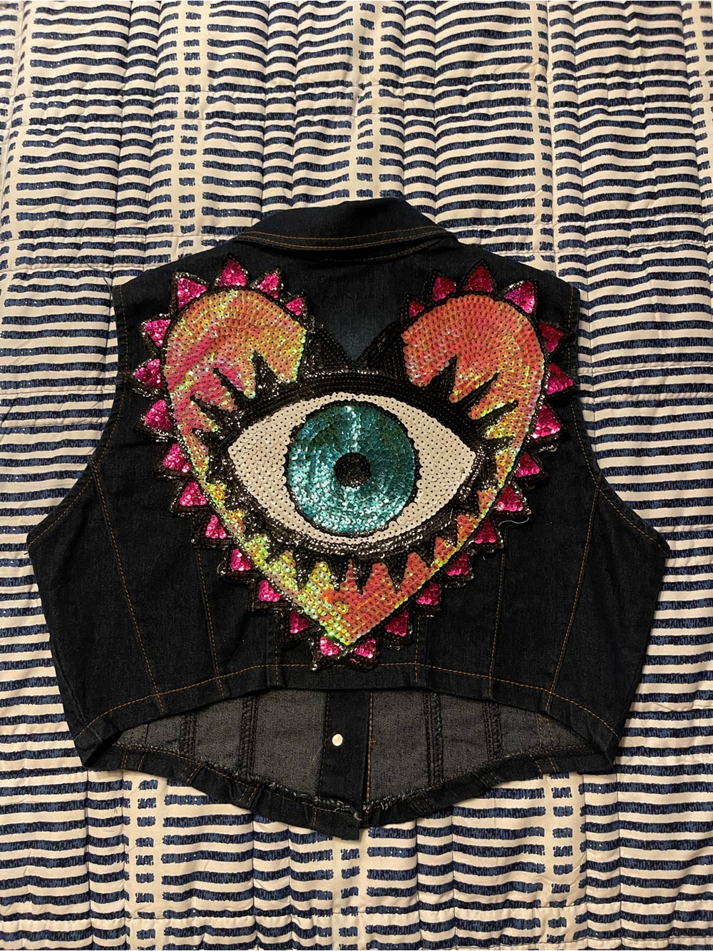 Sequin Eye Heart Denim Vest - Dark Blue